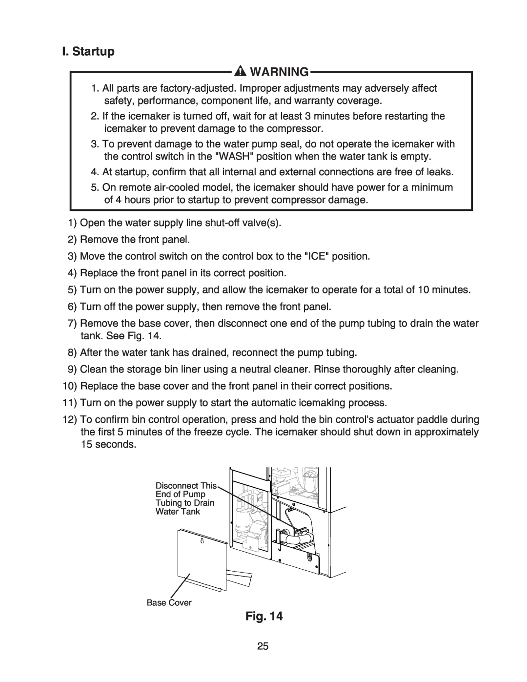 Hoshizaki KM-650MAH instruction manual I. Startup, Disconnect This End of Pump Tubing to Drain Water Tank Base Cover 