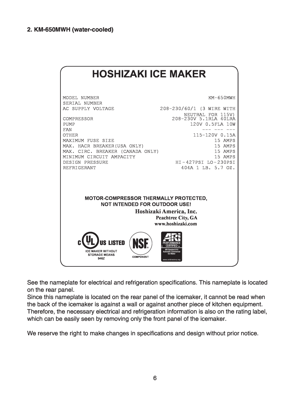Hoshizaki KM-650MAH instruction manual KM-650MWH water-cooled, Hoshizaki Ice Maker, Hoshizaki America, Inc 