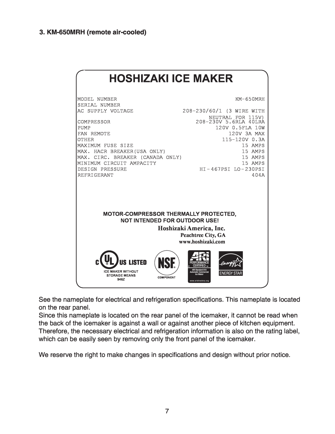 Hoshizaki KM-650MAH instruction manual KM-650MRH remote air-cooled, Hoshizaki Ice Maker, Hoshizaki America, Inc 