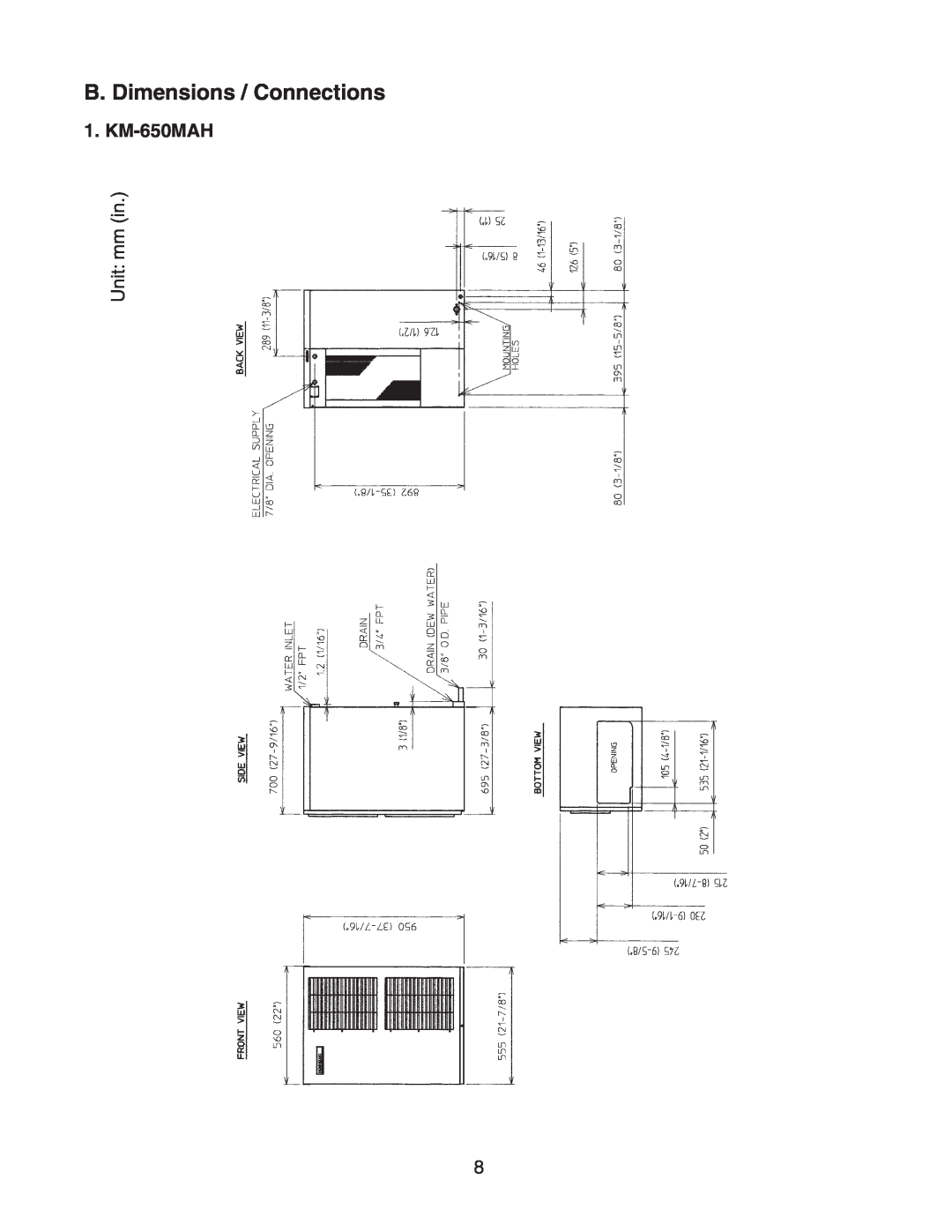 Hoshizaki KM-650MAH instruction manual B. Dimensions / Connections, Unit mm in 