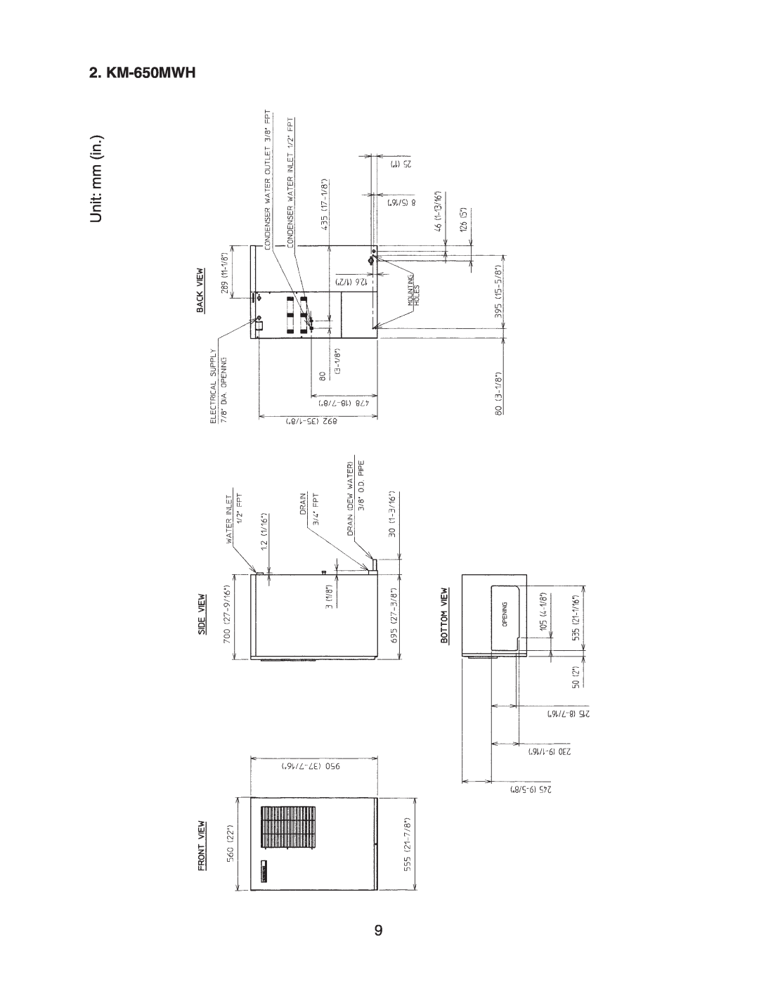 Hoshizaki KM-650MAH instruction manual KM-650MWH, Unit mm in 