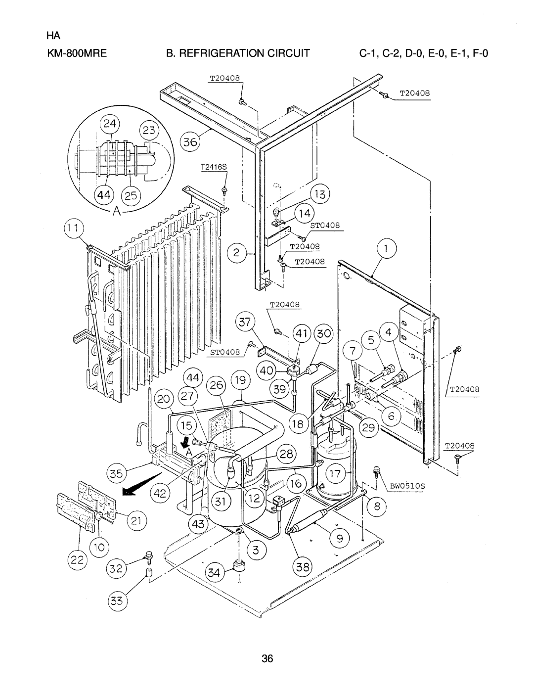 Hoshizaki KM-800MWE, KM-800MAE manual C-1, C-2, D-0, E-0, E-1, F-0, KM-800MRE, B. Refrigeration Circuit 