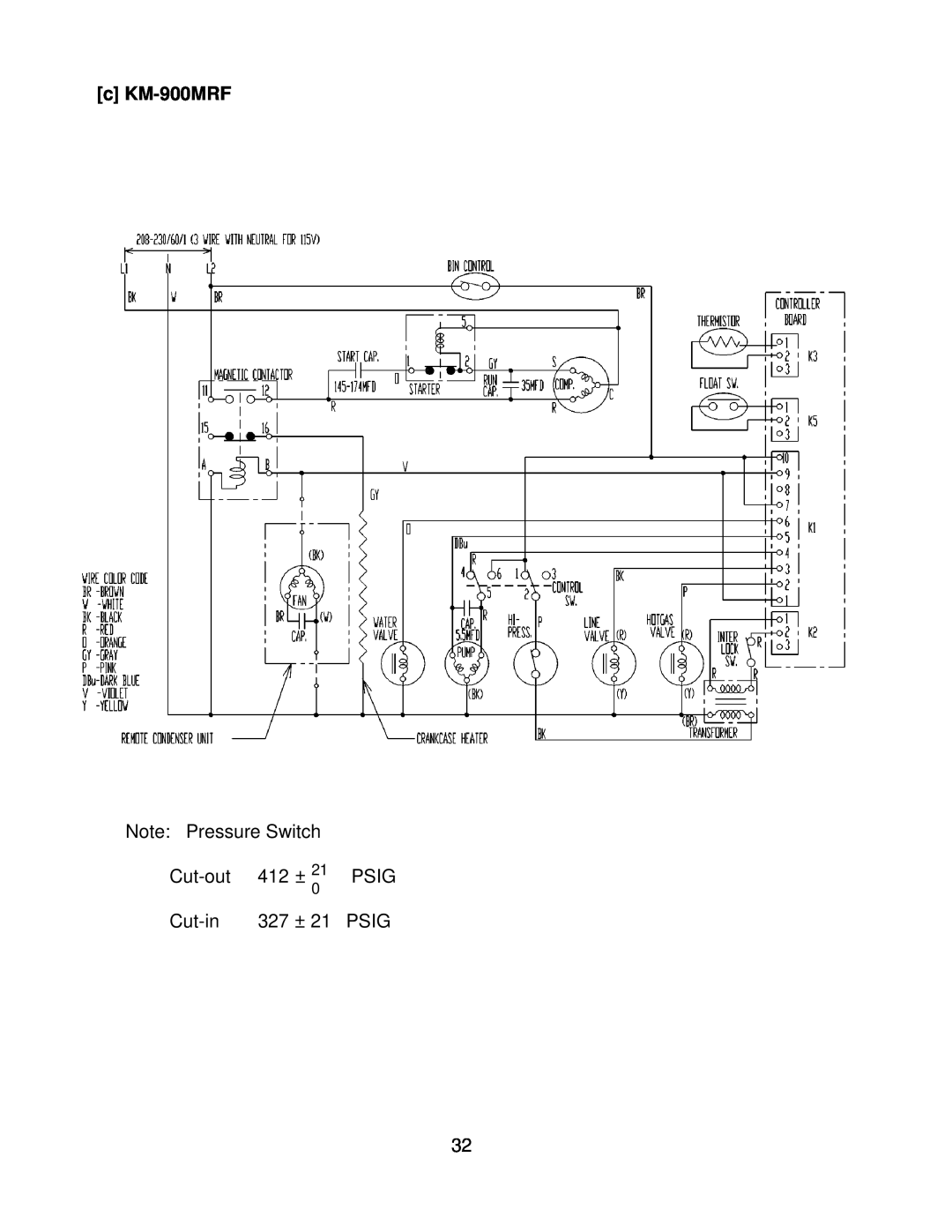Hoshizaki KM-900MWF, KM-900MRF3, KM-900MAF c KM-900MRF, Note Pressure Switch, Cut-out, 412 ±, Psig, Cut-in, 327 ± 