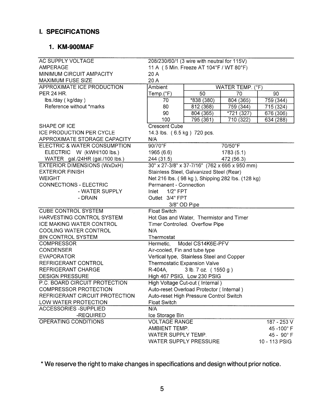 Hoshizaki KM-900MWF, KM-900MRF3 service manual I. SPECIFICATIONS 1. KM-900MAF 