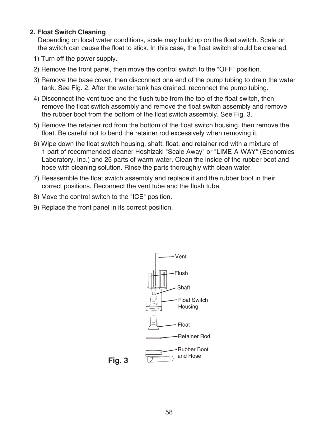 Hoshizaki KM-901MAH, KM-901MWH, KM-901MRH/3 service manual Float Switch Cleaning 