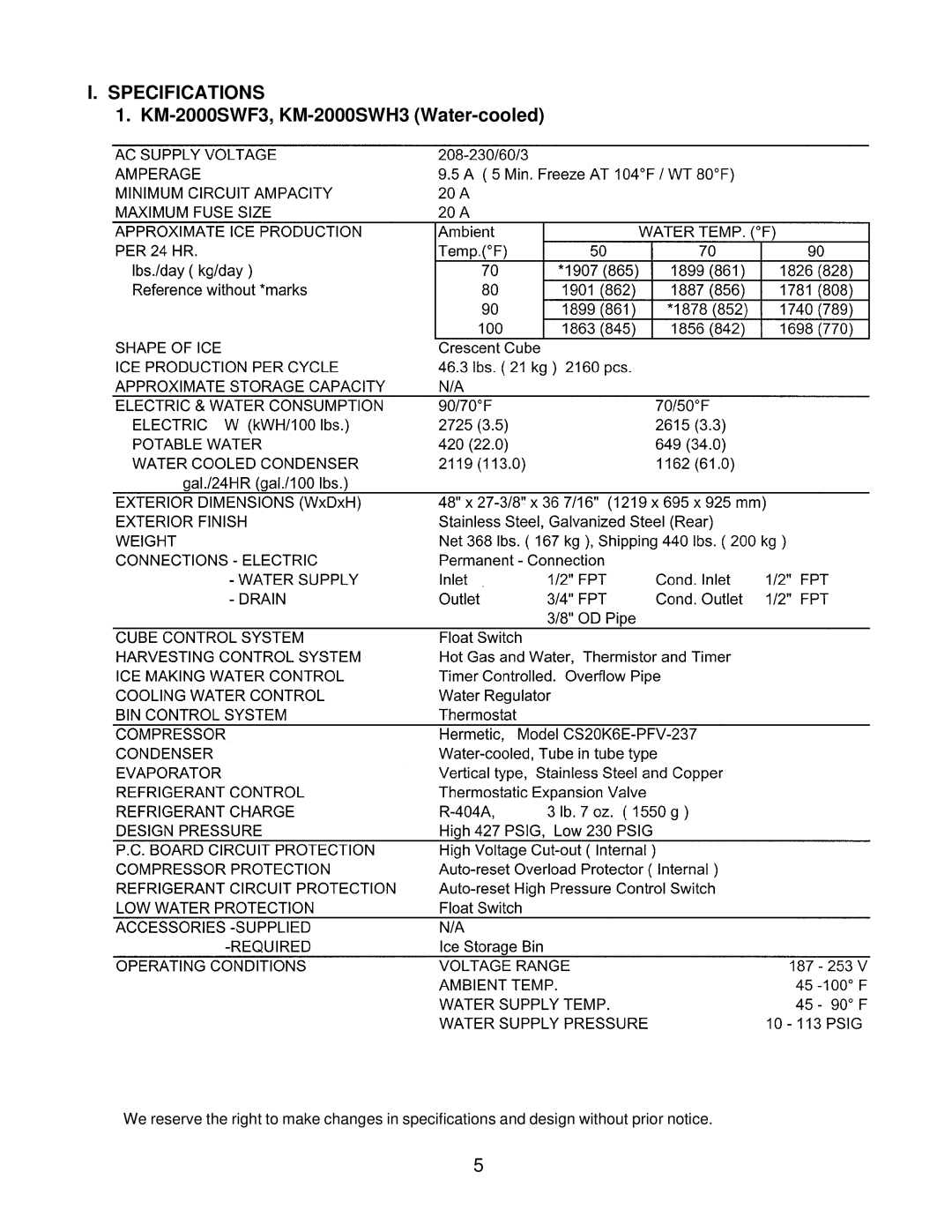 Hoshizaki KM-2000SRH3, KM2000SWF3, KM-2000SRF3 service manual Specifications, KM-2000SWF3, KM-2000SWH3 Water-cooled 