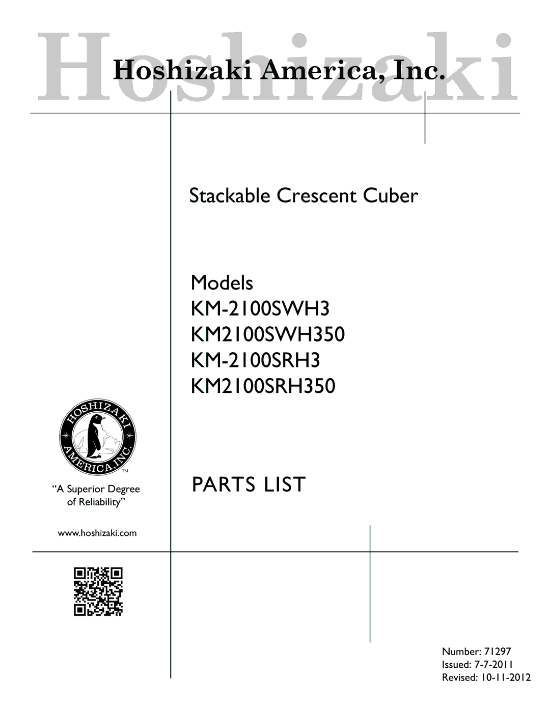 Hoshizaki KM2100SRH350, KM2100SWH350 manual Parts List 