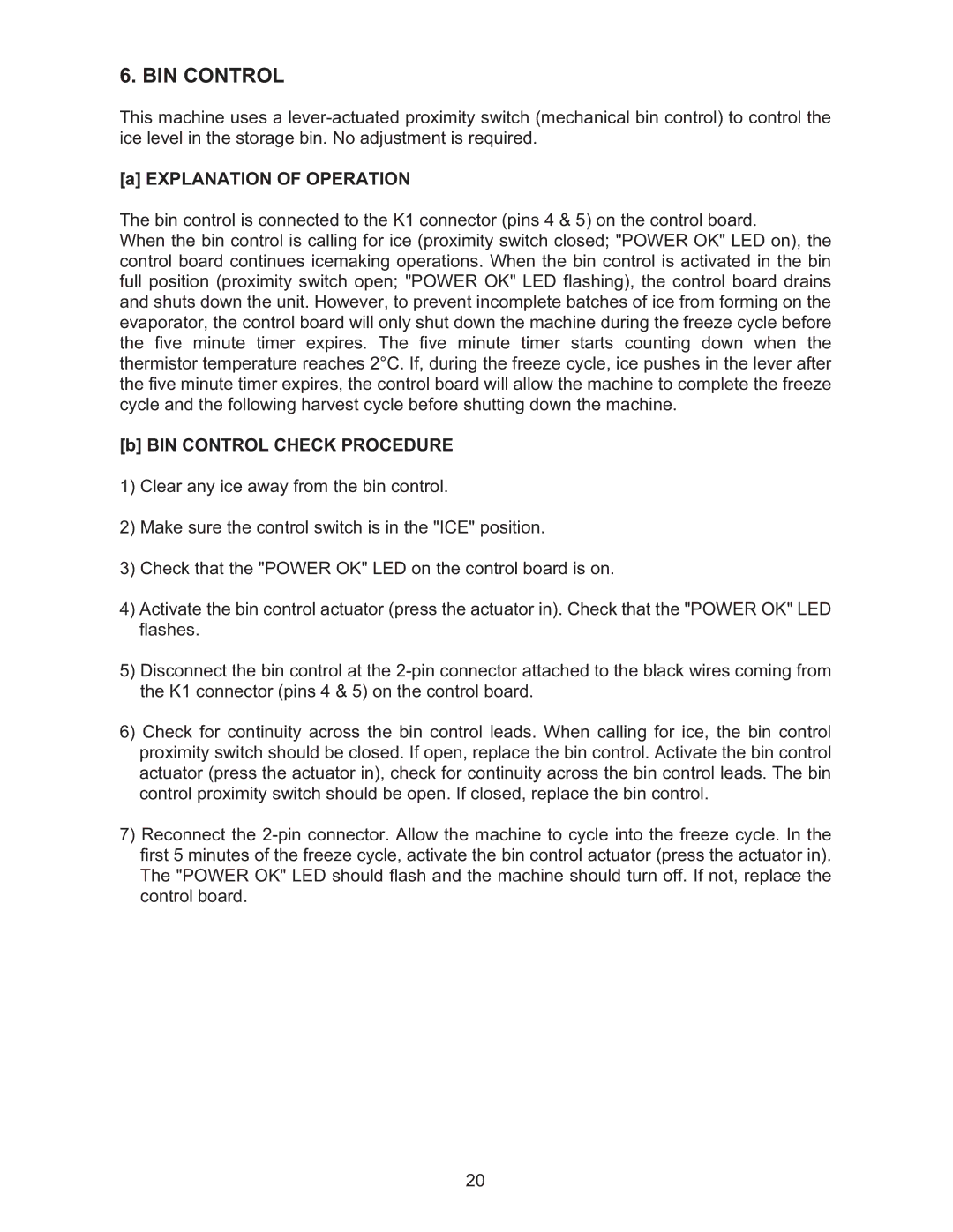 Hoshizaki KMD-410MAH, KMD-410MWH manual BIN Control Check Procedure 