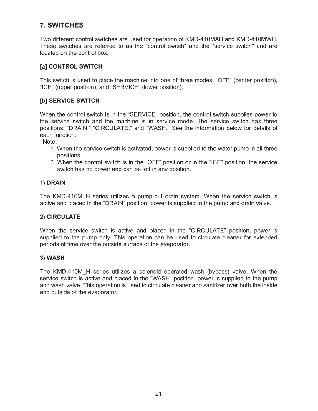 Hoshizaki KMD-410MWH, KMD-410MAH manual Switches, Control Switch, Service Switch 