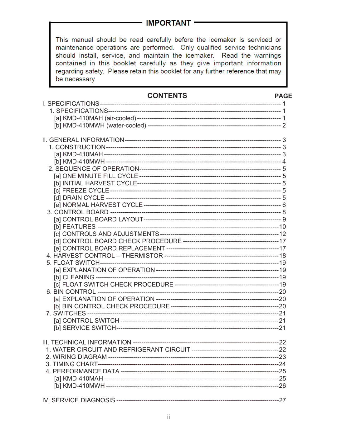 Hoshizaki KMD-410MWH, KMD-410MAH manual Contents 