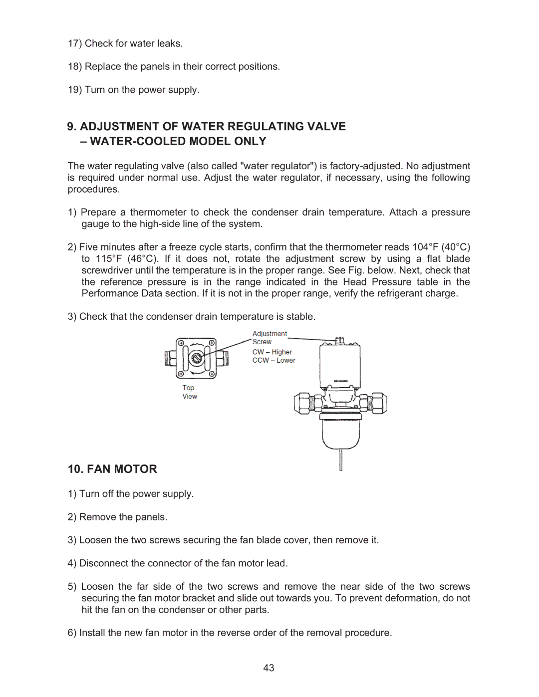 Hoshizaki KMD-410MWH, KMD-410MAH manual Adjustment of Water Regulating Valve WATER-COOLED Model only, FAN Motor 