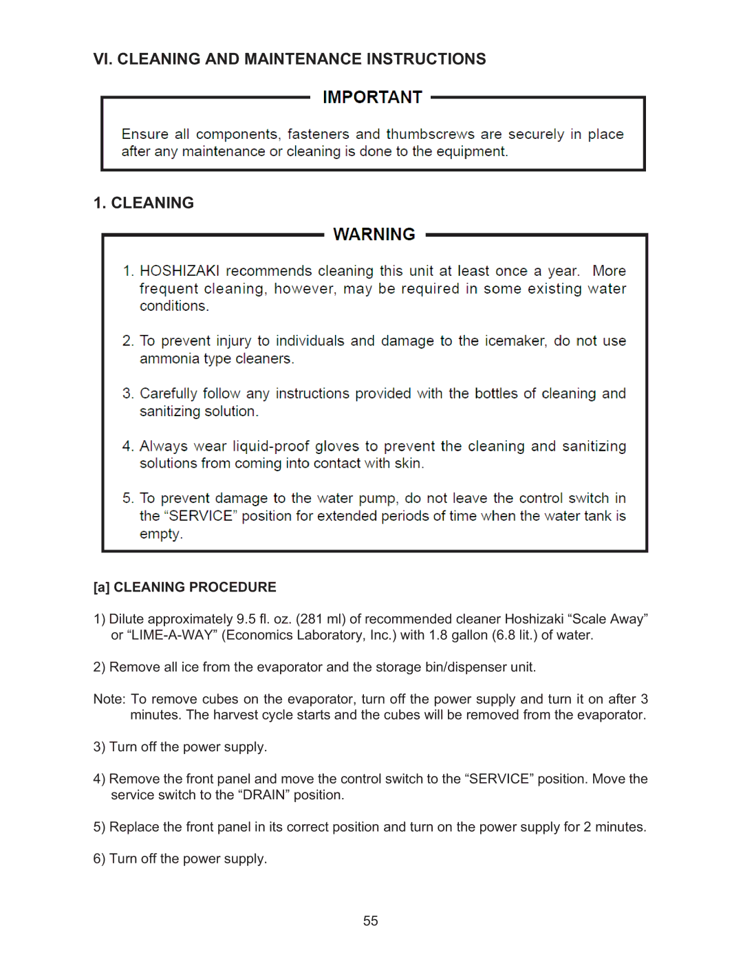 Hoshizaki KMD-410MWH, KMD-410MAH manual VI. Cleaning and Maintenance Instructions, Cleaning Procedure 