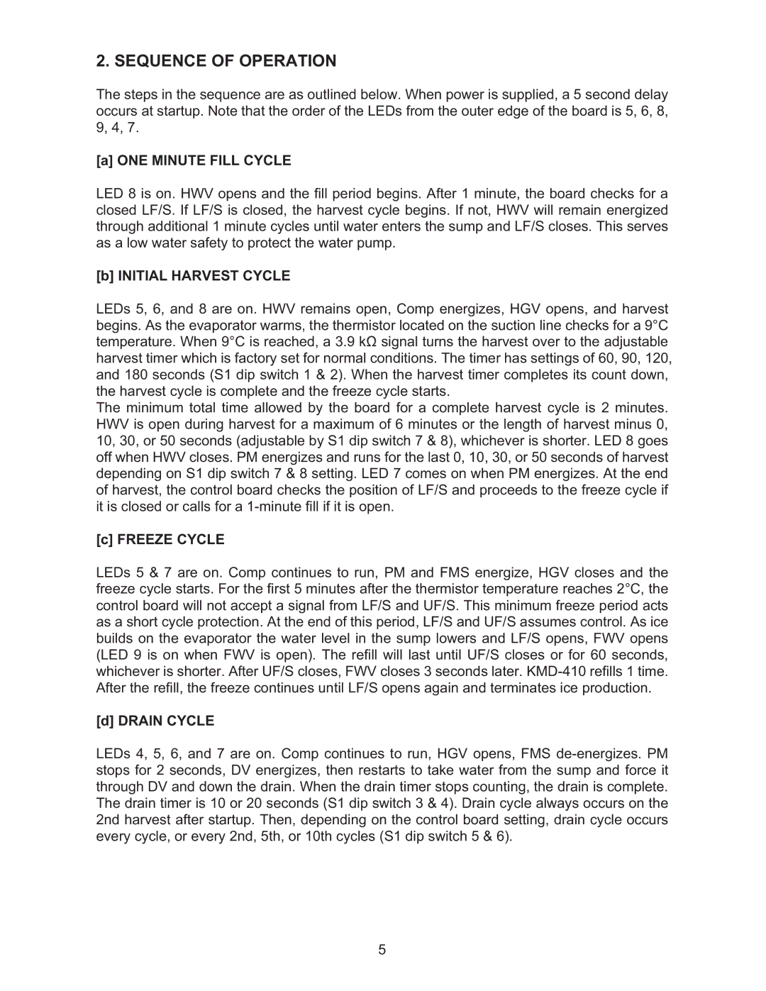 Hoshizaki KMD-410MWH manual Sequence of Operation, ONE Minute Fill Cycle, Initial Harvest Cycle, Freeze Cycle, Drain Cycle 