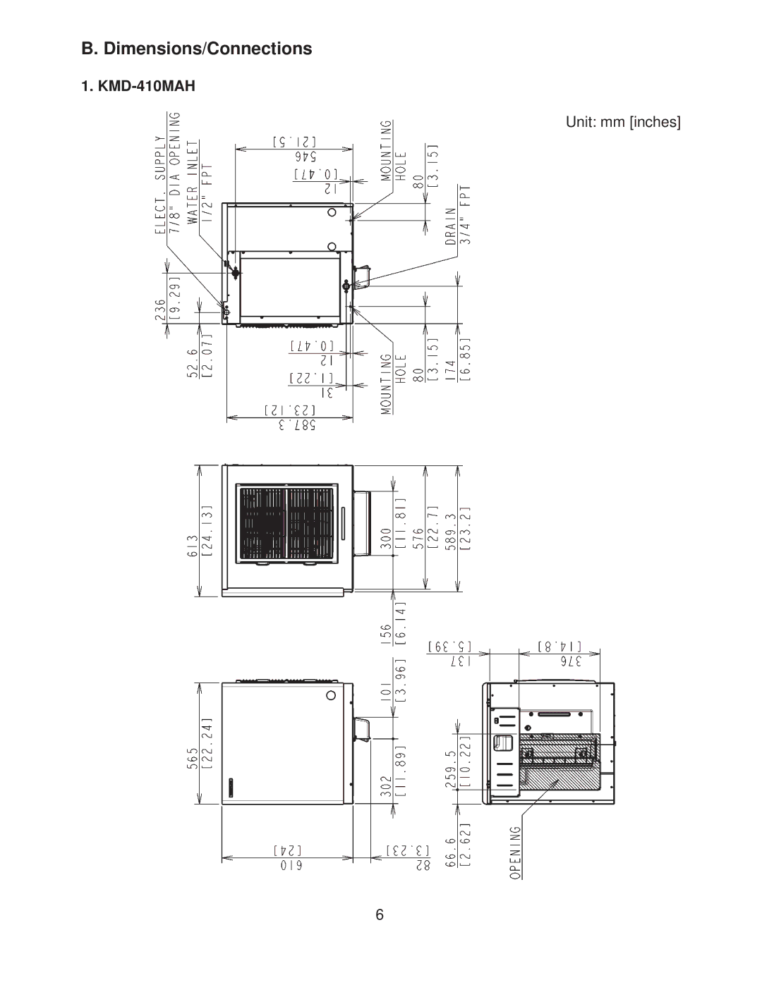 Hoshizaki KMD-410MWH instruction manual Dimensions/Connections, KMD-410MAH 