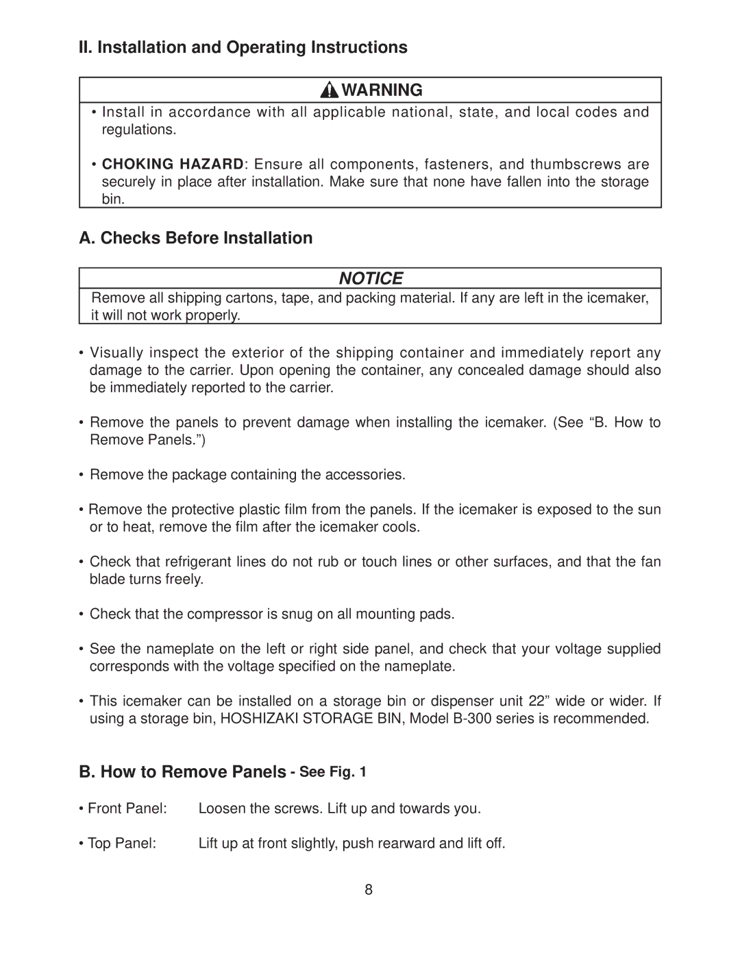 Hoshizaki KMD-410MWH II. Installation and Operating Instructions, Checks Before Installation, How to Remove Panels See Fig 