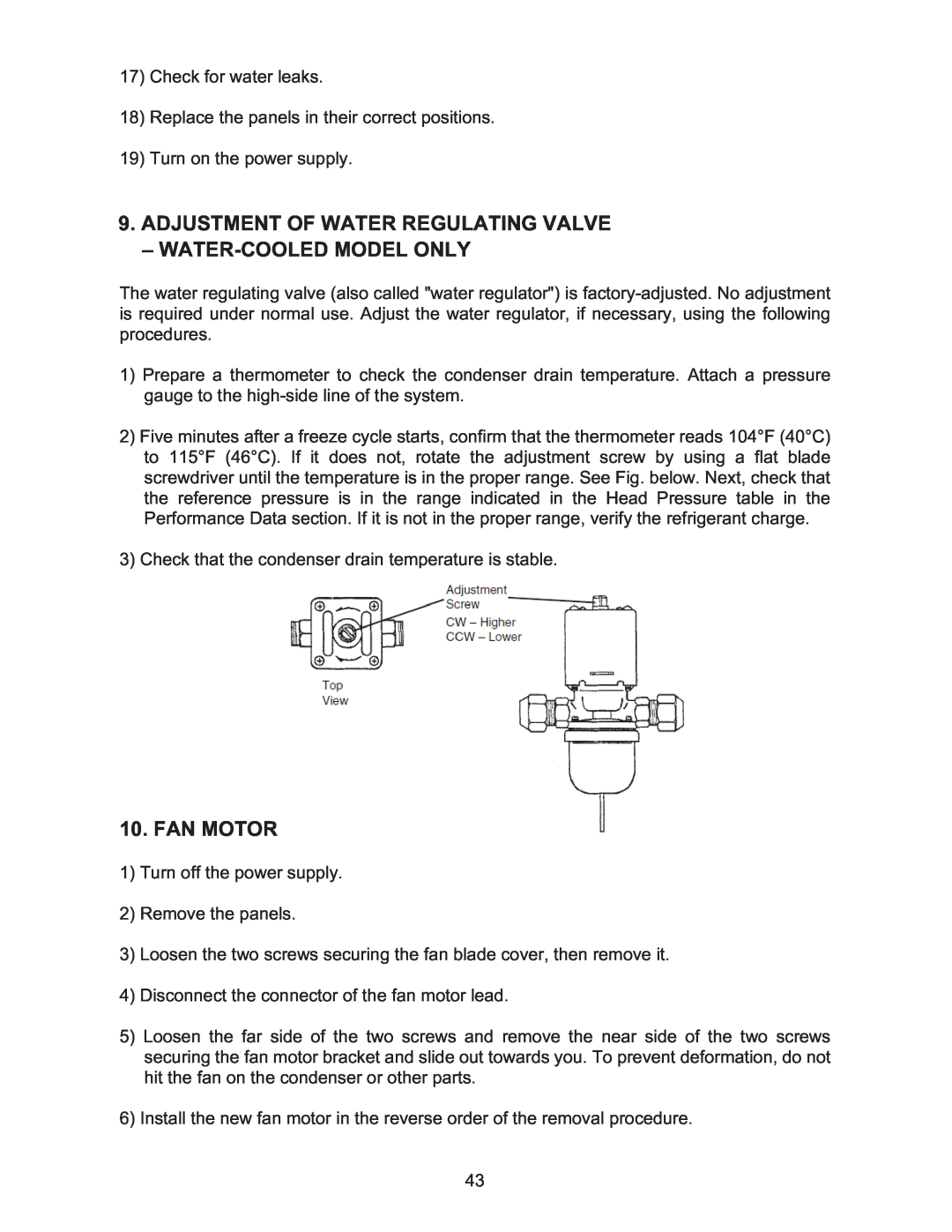 Hoshizaki KMD-410MWH, KMD-410MAH manual Adjustment Of Water Regulating Valve Water-Cooled Model Only, Fan Motor 