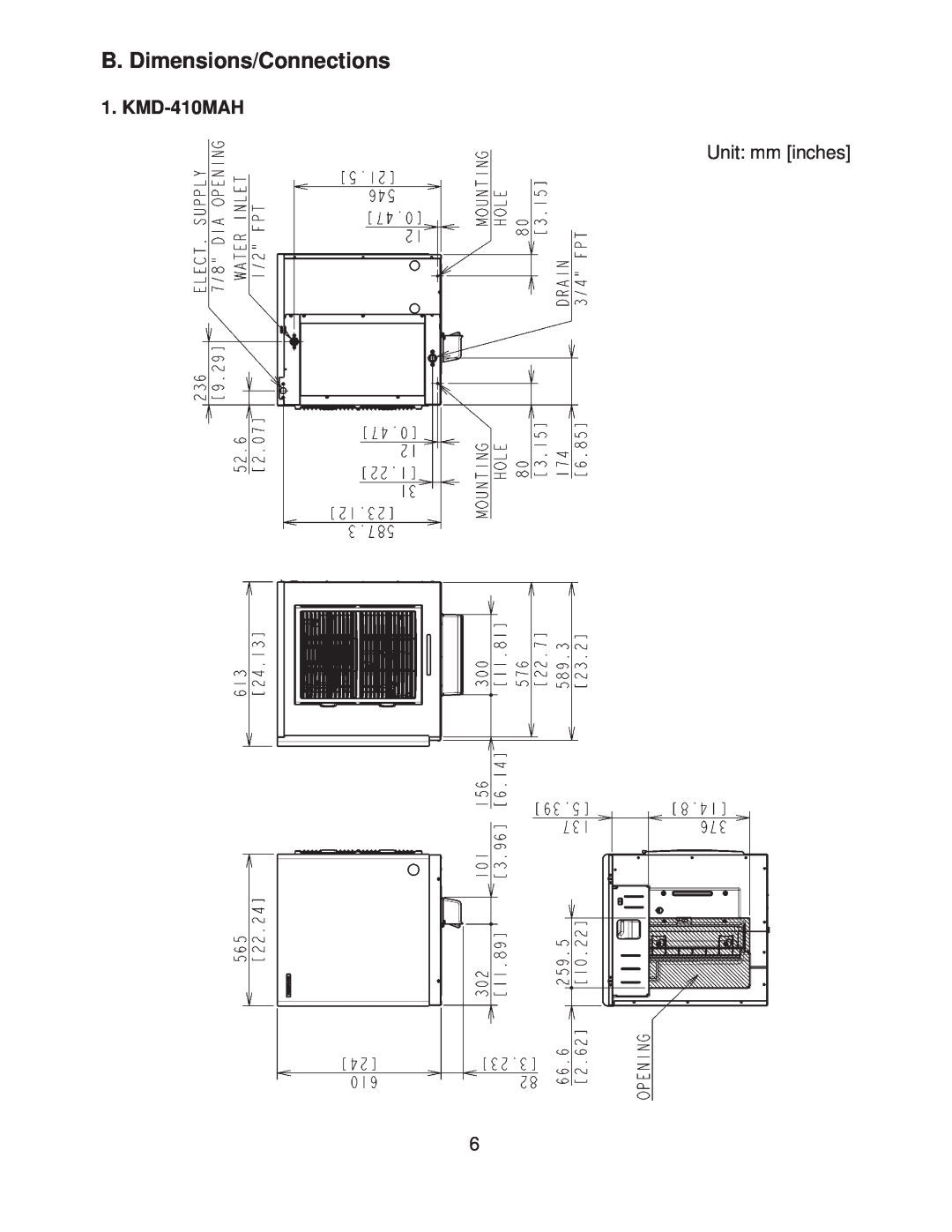Hoshizaki KMD-410MWH instruction manual B. Dimensions/Connections, KMD-410MAH 