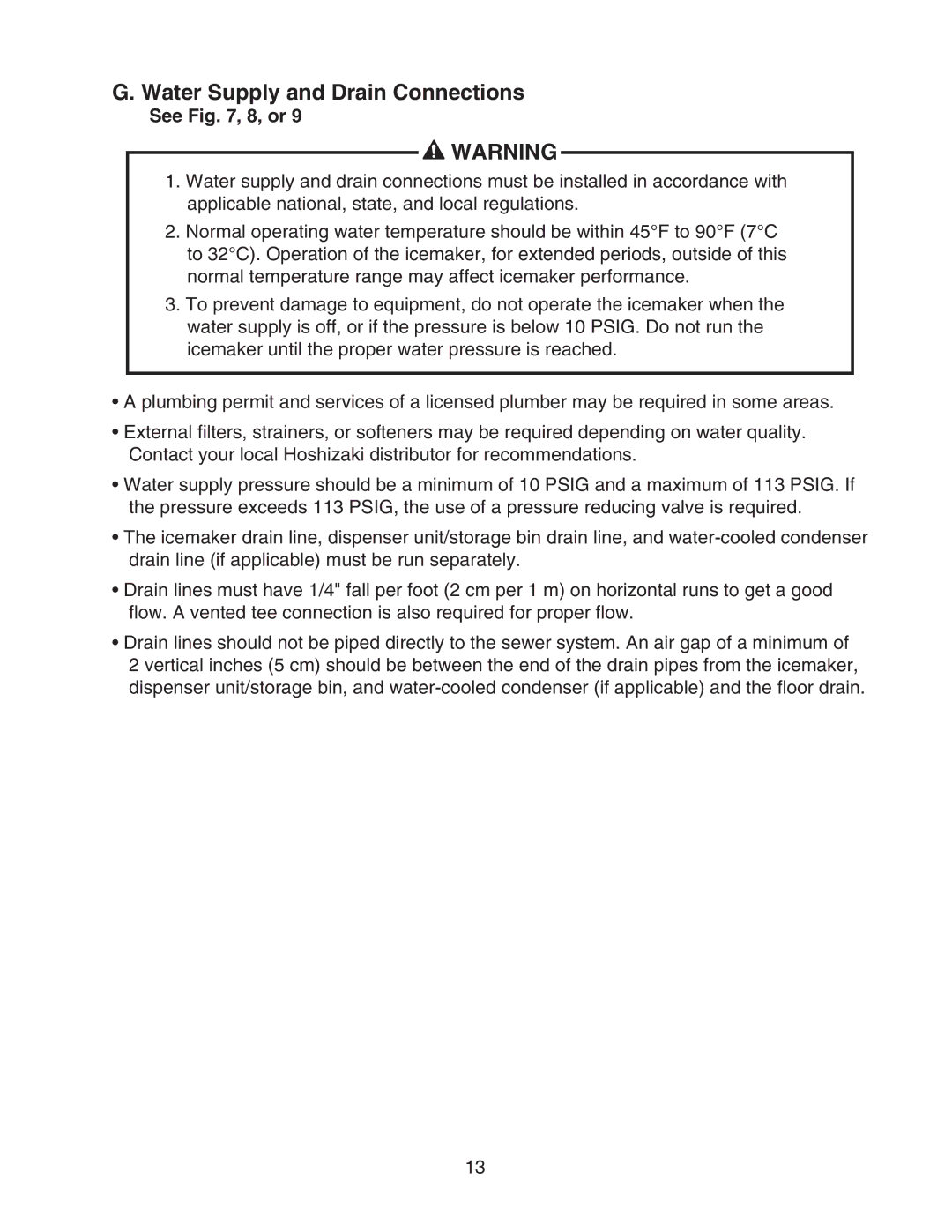 Hoshizaki KMD-450MAH, KMD-450MWH instruction manual Water Supply and Drain Connections, See , 8, or 