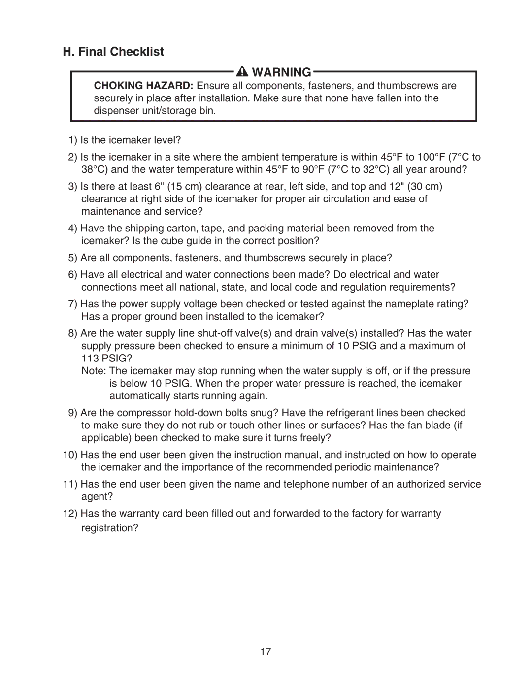 Hoshizaki KMD-450MAH, KMD-450MWH instruction manual Final Checklist 