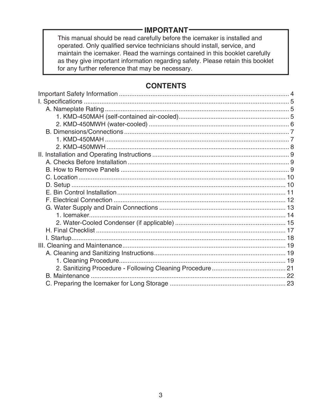 Hoshizaki KMD-450MAH, KMD-450MWH instruction manual Contents 