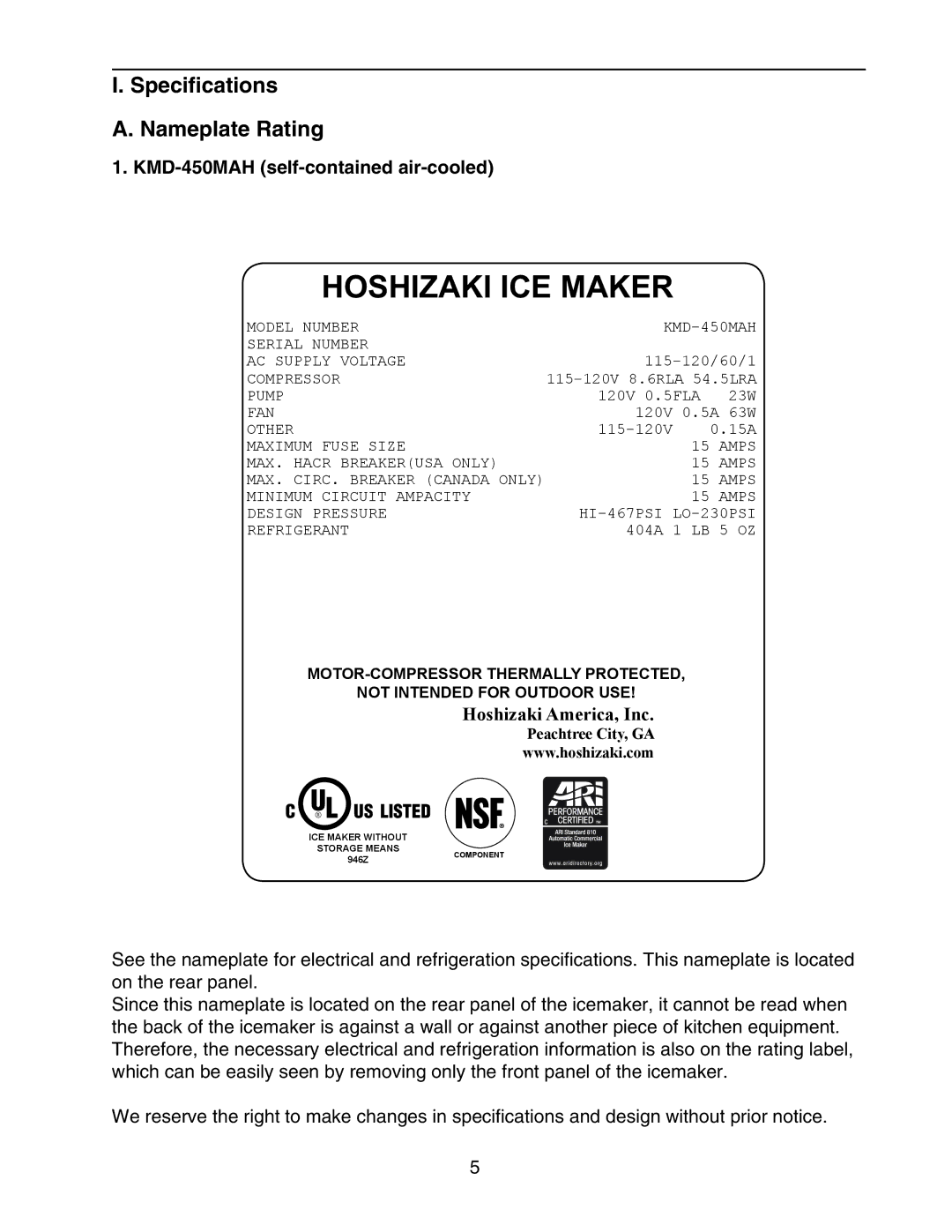 Hoshizaki KMD-450MWH instruction manual Specifications Nameplate Rating, KMD-450MAH self-contained air-cooled 