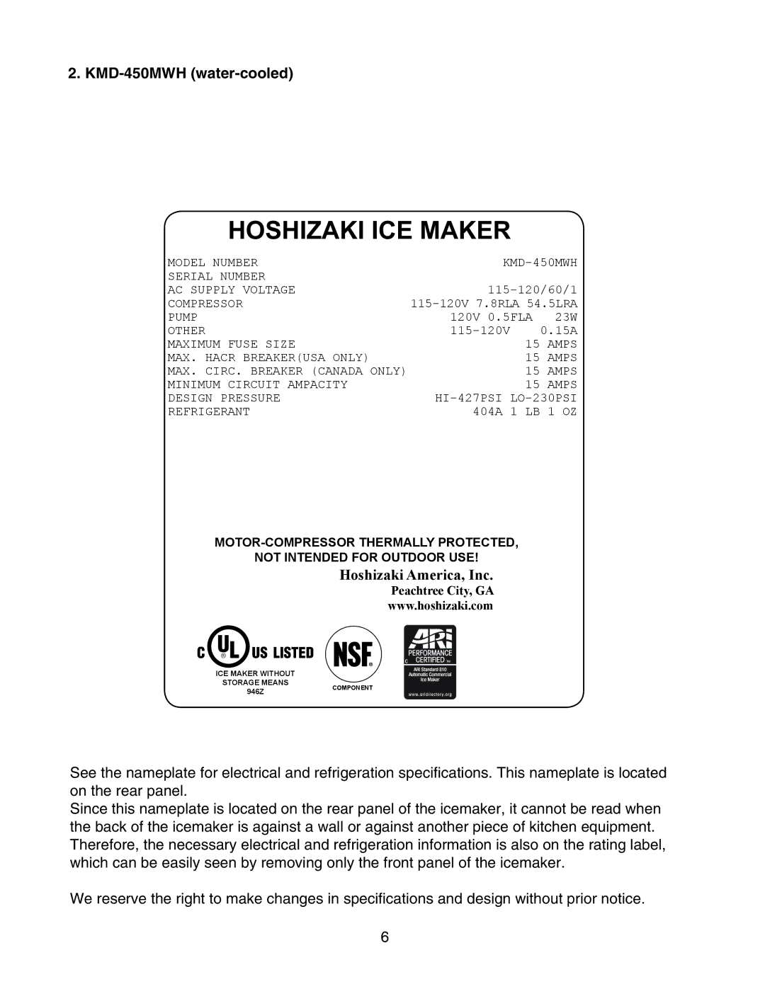 Hoshizaki KMD-450MAH instruction manual KMD-450MWH water-cooled 