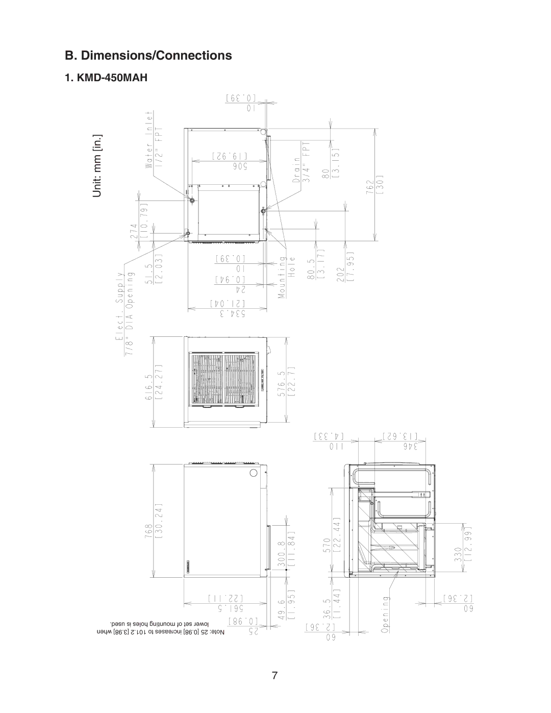 Hoshizaki KMD-450MAH, KMD-450MWH instruction manual Dimensions/Connections, Unit mm 