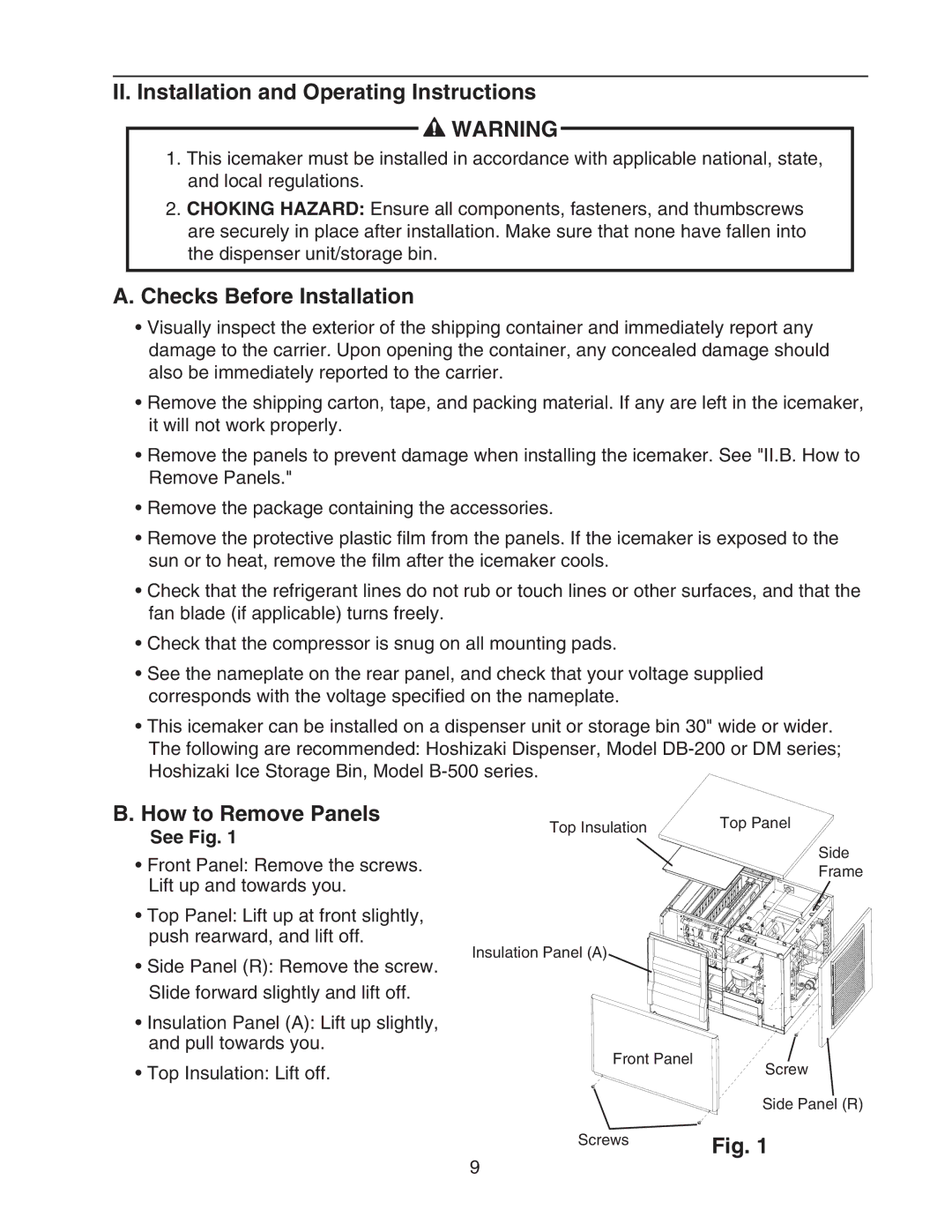 Hoshizaki KMD-450MAH II. Installation and Operating Instructions, Checks Before Installation, How to Remove Panels 