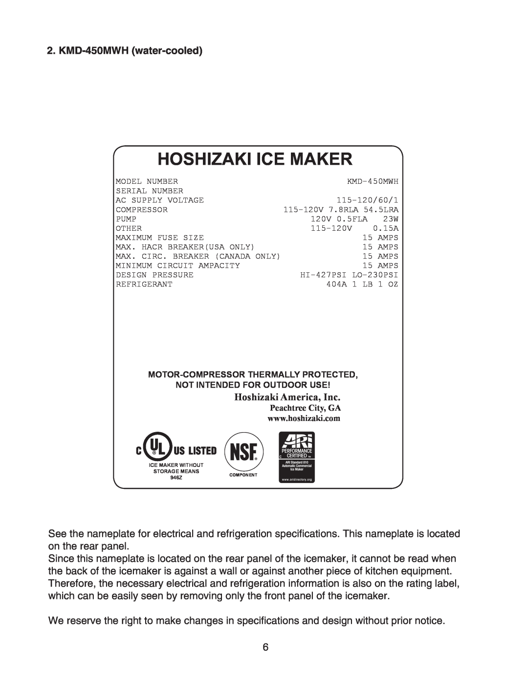 Hoshizaki KMD-450MAH KMD-450MWH water-cooled, Hoshizaki Ice Maker, Hoshizaki America, Inc, 115-120V 7.8RLA 54.5LRA 