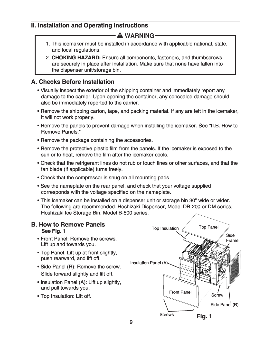 Hoshizaki KMD-450MAH II. Installation and Operating Instructions, A. Checks Before Installation, B. How to Remove Panels 