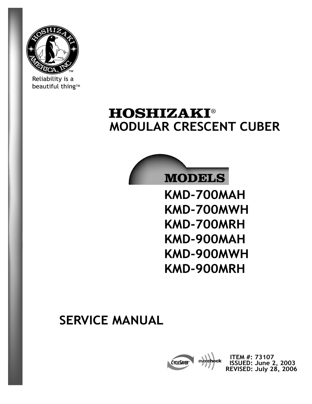 Hoshizaki KMD-700MAH, KMD-900MAH, KMD-700MWH, KMD-700MRH service manual Item # Issued June 2, 2003 Revised July 28 