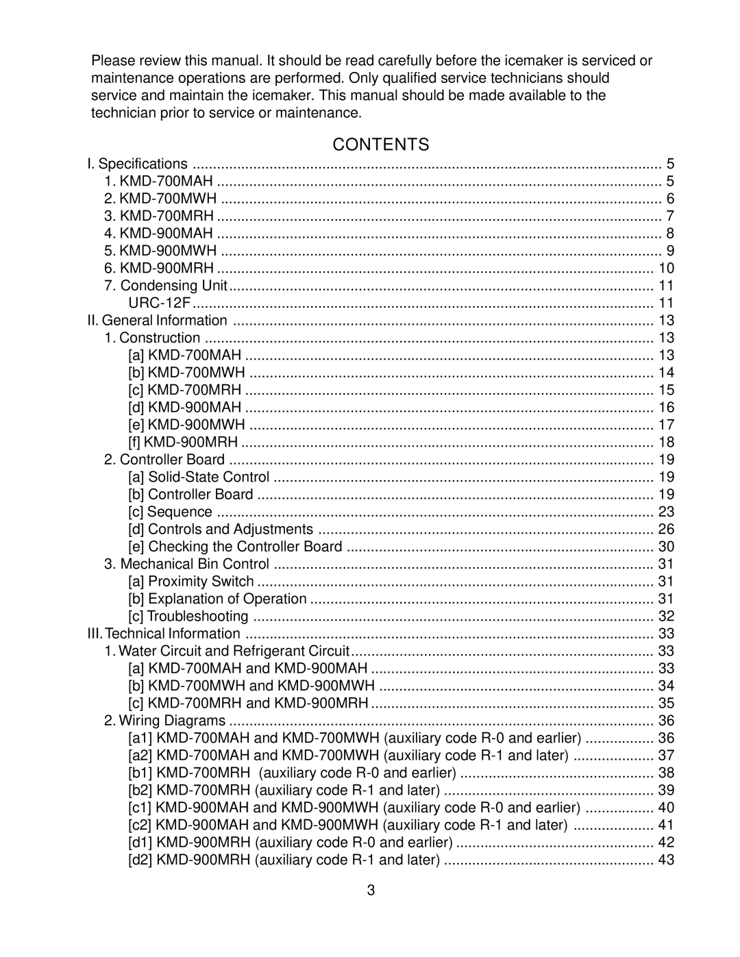 Hoshizaki KMD-700MRH, KMD-900MAH, KMD-700MAH, KMD-700MWH, KMD-900MWH, KMD-900MRH service manual Contents 