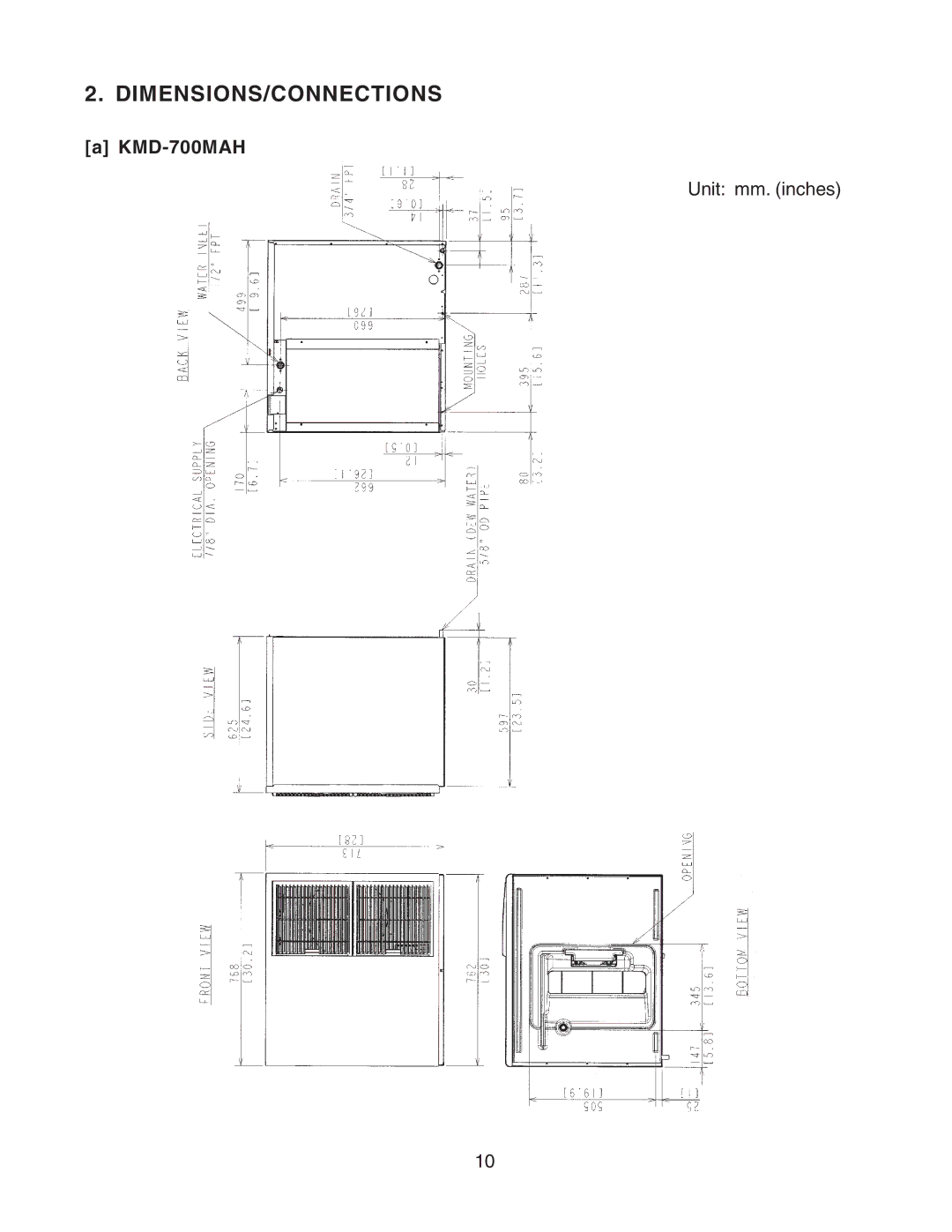 Hoshizaki KMD-900MWH, KMD-900MAH, KMD-700MWH, KMD-700MRH, KMD-900MRH instruction manual Dimensions/Connections, KMD-700MAH 