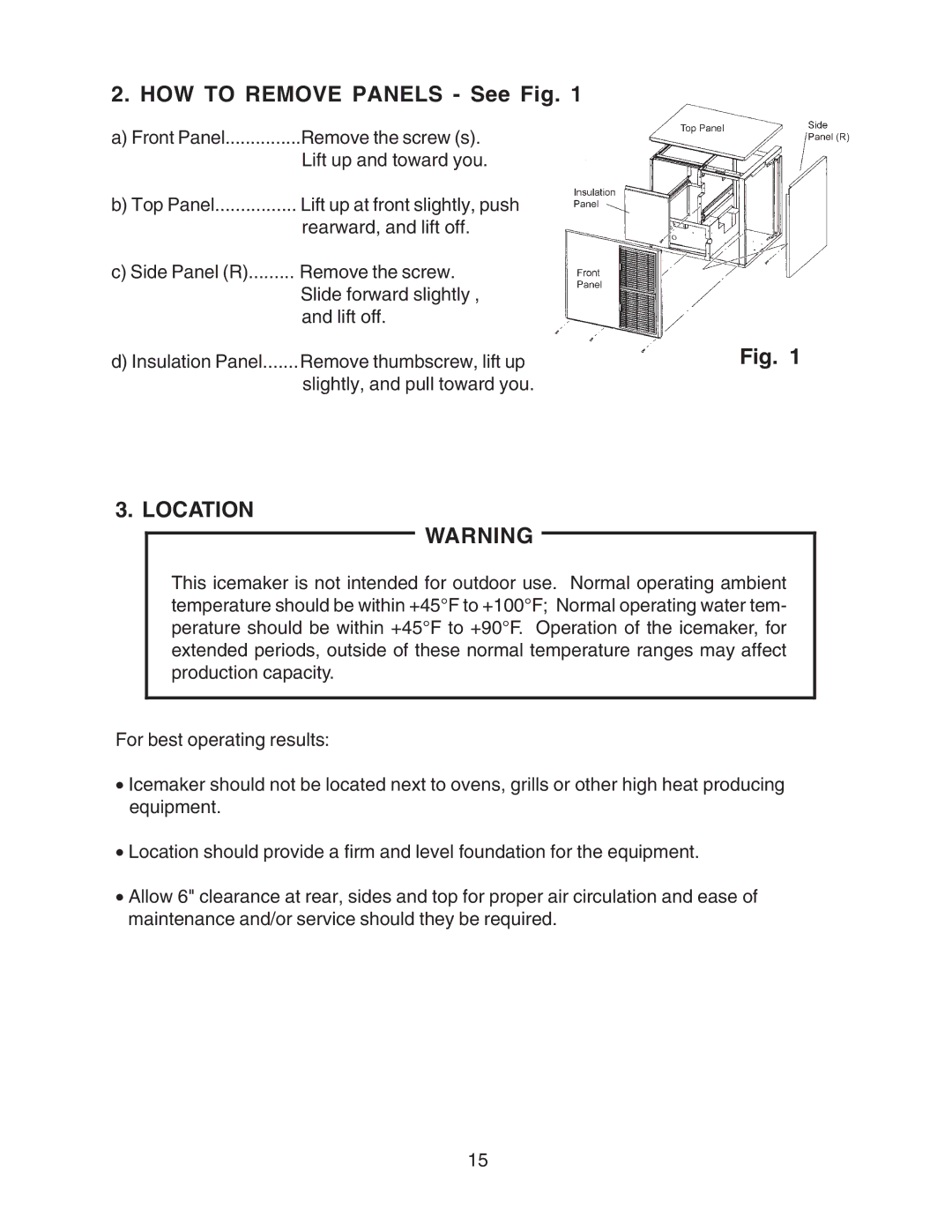 Hoshizaki KMD-700MRH, KMD-900MAH, KMD-700MAH, KMD-700MWH, KMD-900MWH, KMD-900MRH HOW to Remove Panels See Fig, Location 