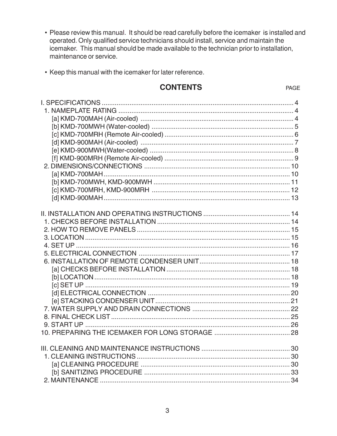 Hoshizaki KMD-700MRH, KMD-900MAH, KMD-700MAH, KMD-700MWH, KMD-900MWH, KMD-900MRH instruction manual Contents 