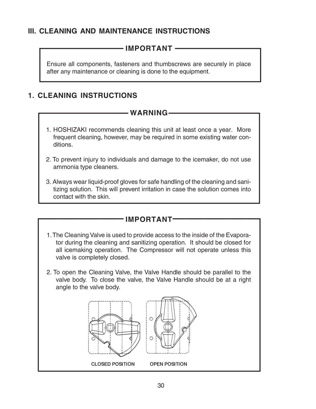 Hoshizaki KMD-900MAH, KMD-700MAH, KMD-700MWH III. Cleaning and Maintenance Instructions, Cleaning Instructions Warning 