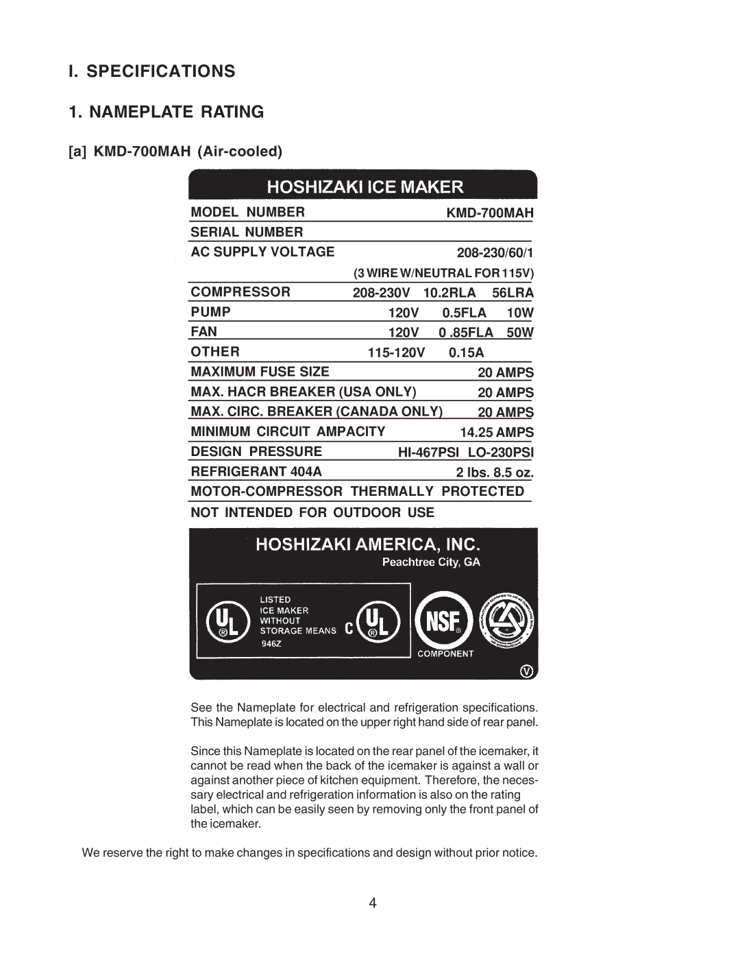 Hoshizaki KMD-900MWH, KMD-900MAH, KMD-700MWH, KMD-700MRH, KMD-900MRH Specifications Nameplate Rating, KMD-700MAH Air-cooled 