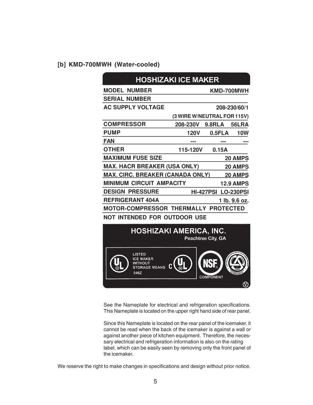 Hoshizaki KMD-900MRH, KMD-900MAH, KMD-700MAH, KMD-700MRH, KMD-900MWH instruction manual KMD-700MWH Water-cooled 