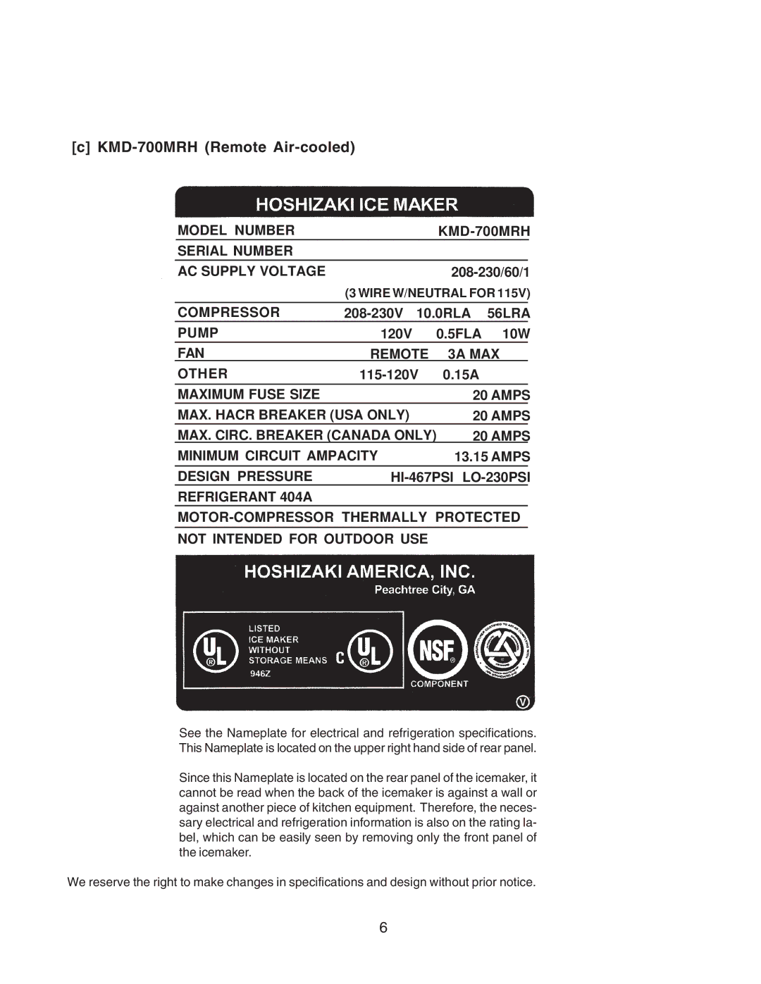 Hoshizaki KMD-900MAH, KMD-700MAH, KMD-700MWH, KMD-900MWH, KMD-900MRH instruction manual KMD-700MRH Remote Air-cooled 