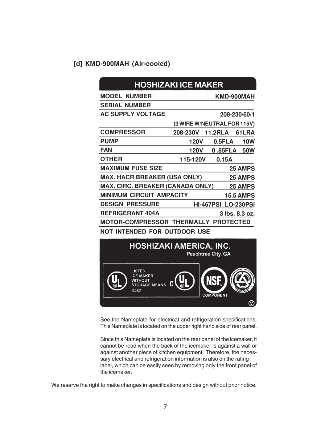 Hoshizaki KMD-700MAH, KMD-700MWH, KMD-700MRH, KMD-900MWH, KMD-900MRH instruction manual KMD-900MAH Air-cooled 