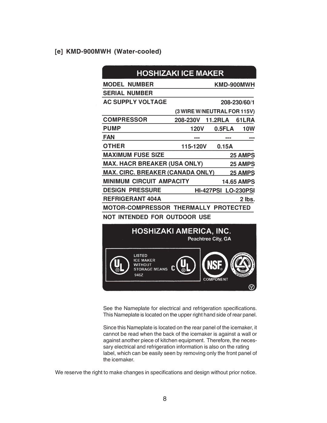 Hoshizaki KMD-700MWH, KMD-900MAH, KMD-700MAH, KMD-700MRH, KMD-900MRH instruction manual KMD-900MWH Water-cooled 