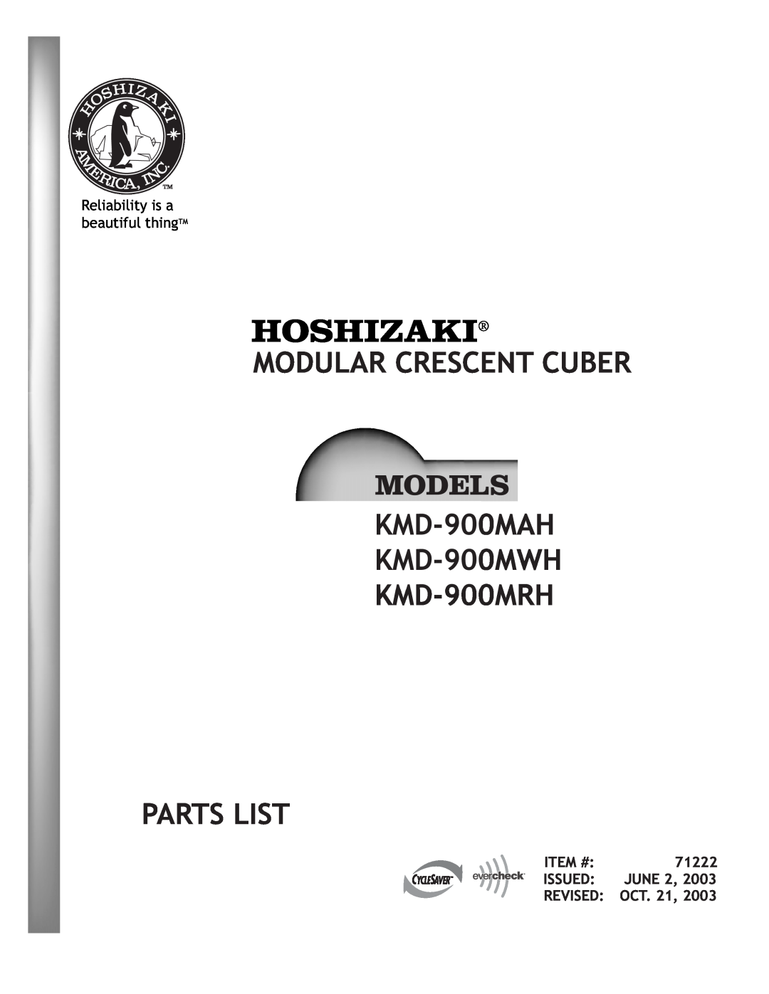 Hoshizaki instruction manual MODULAR CRESCENT CUBER KMD-700MAH KMD-700MWH KMD-700MRH KMD-900MAH, Issued, 2003, Revised 