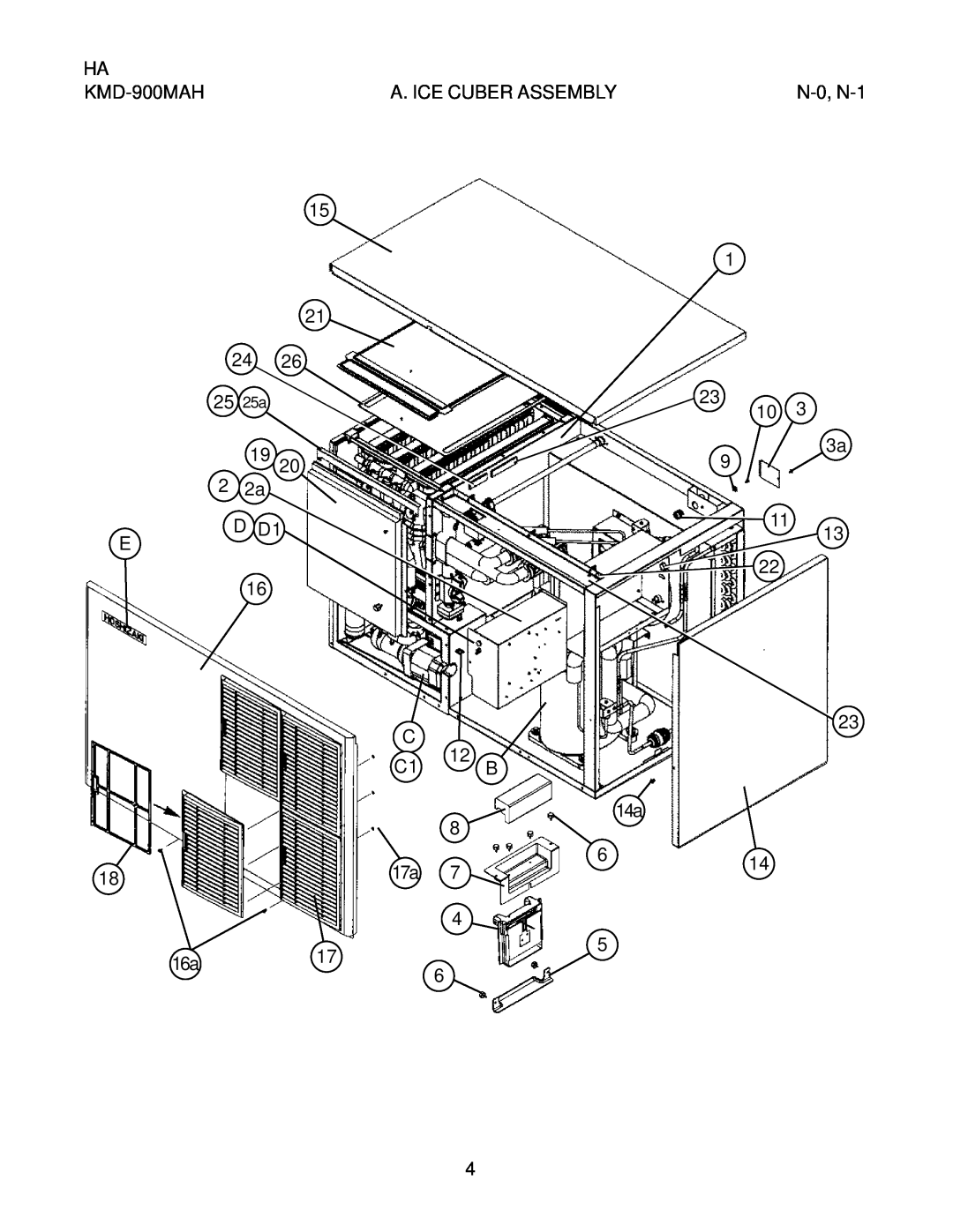 Hoshizaki KMD-900MWH, KMD-900MRH manual HA KMD-900MAH, 25 25a, 2 2a D D1 E, 16a17, A. Ice Cuber Assembly, N-0, N-1, 12 B 