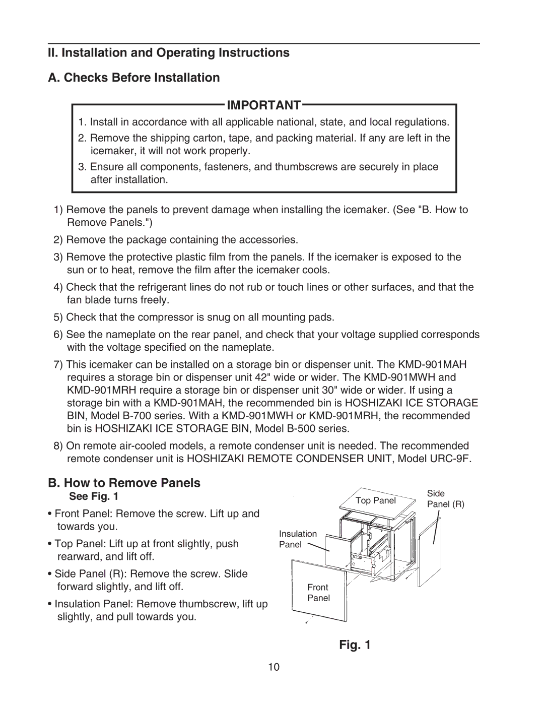 Hoshizaki KMD-901MRH, KMD-901MAH, KMD-901MWH instruction manual How to Remove Panels, See Fig 