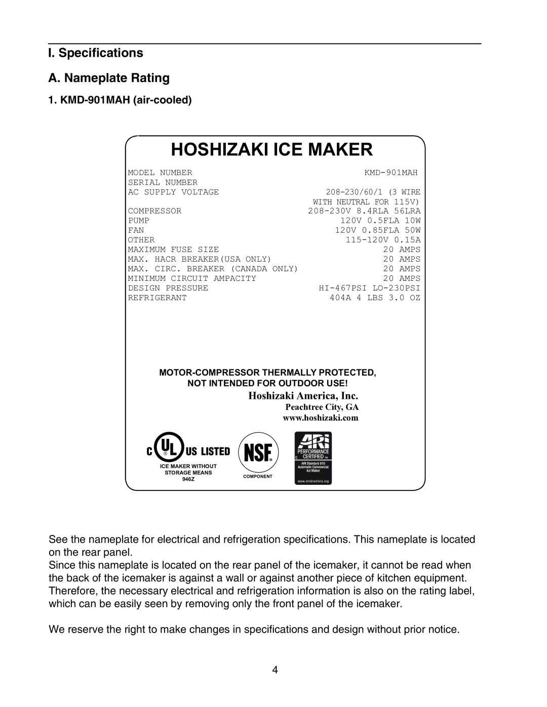 Hoshizaki KMD-901MRH, KMD-901MWH instruction manual Specifications Nameplate Rating, KMD-901MAH air-cooled 