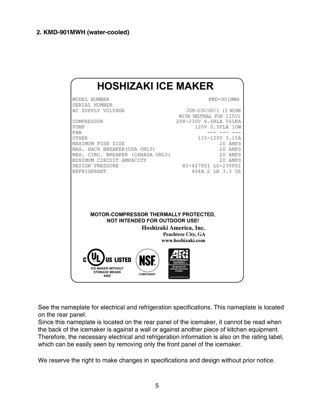 Hoshizaki KMD-901MAH, KMD-901MRH instruction manual KMD-901MWH water-cooled 