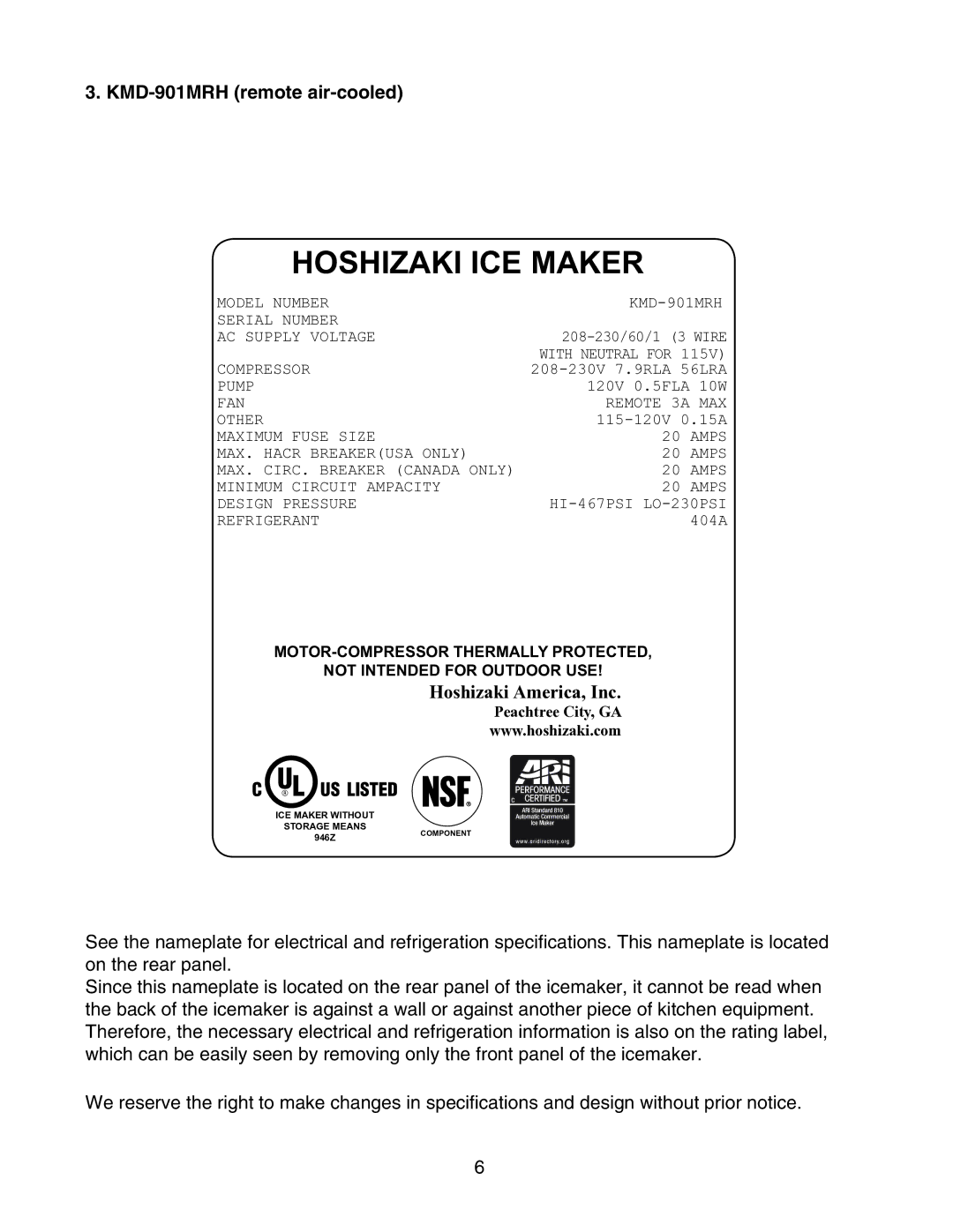 Hoshizaki KMD-901MAH, KMD-901MWH instruction manual KMD-901MRH remote air-cooled 