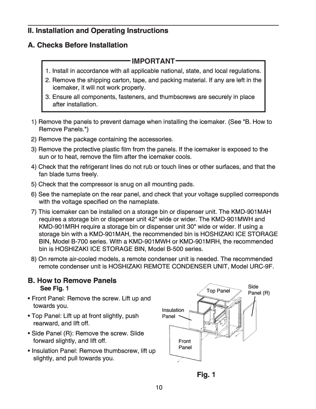 Hoshizaki KMD-901MRH, KMD-901MAH, KMD-901MWH instruction manual B. How to Remove Panels, See Fig 