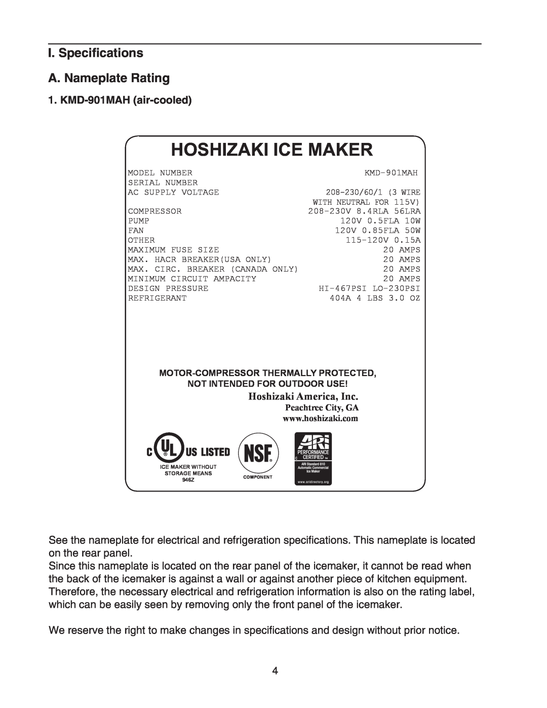 Hoshizaki KMD-901MRH, KMD-901MWH Hoshizaki Ice Maker, I. Specifications A. Nameplate Rating, KMD-901MAH air-cooled 