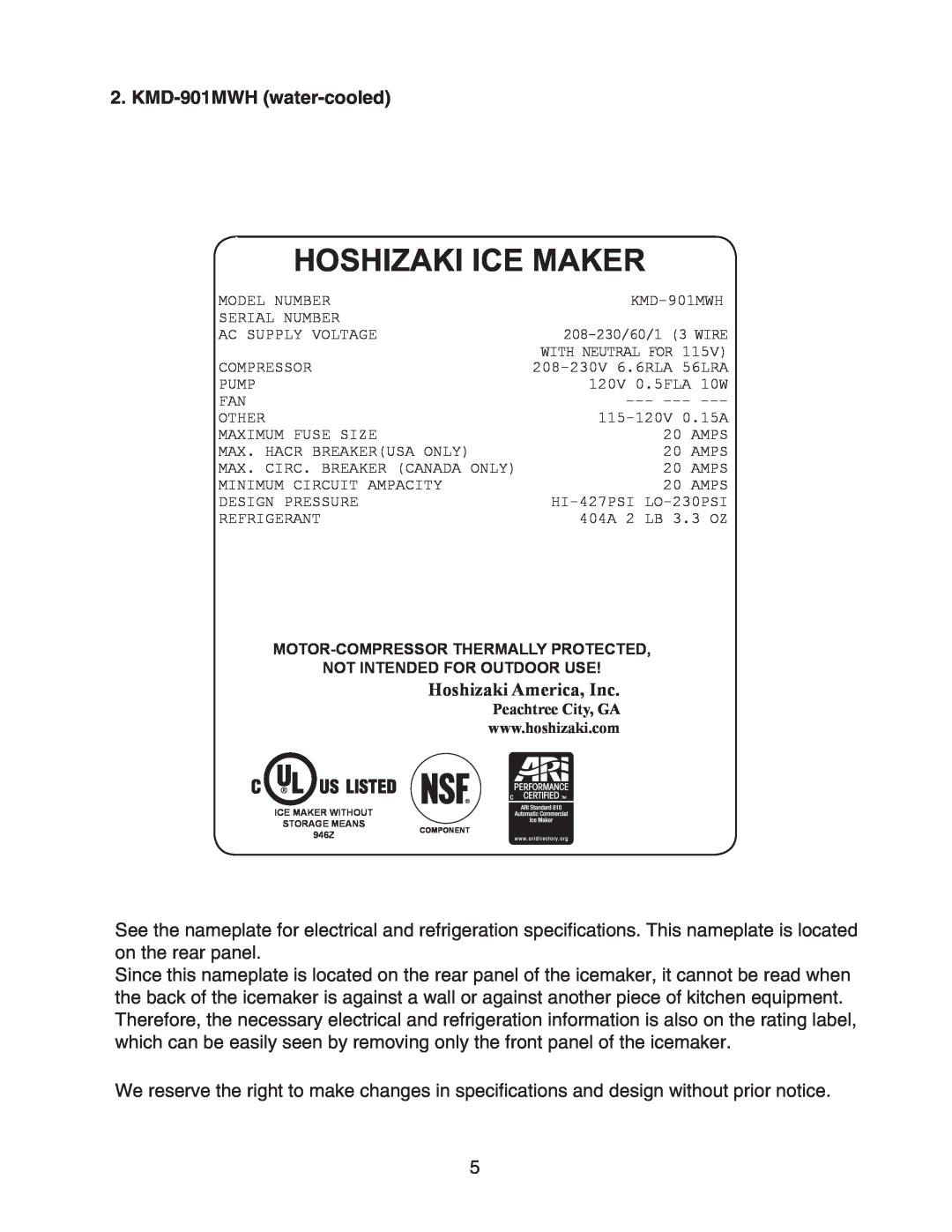 Hoshizaki KMD-901MAH, KMD-901MRH instruction manual KMD-901MWH water-cooled, Hoshizaki Ice Maker, Hoshizaki America, Inc 